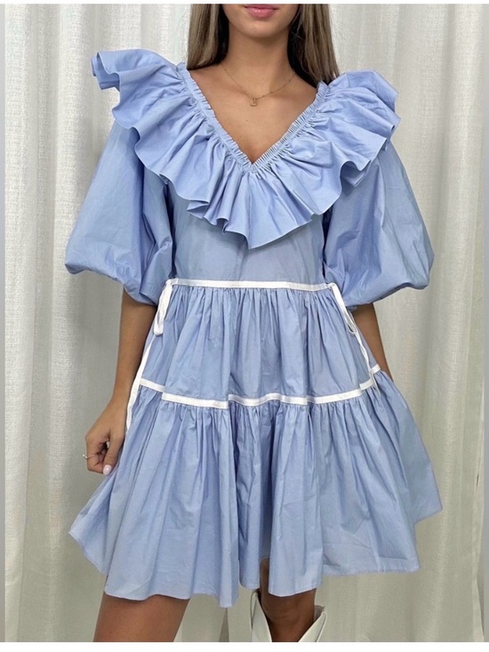Sofie The Label Dresses & Skirts - Ruffle V-Neck Sofie The Label Dress in Light Blue with white trim. Like new